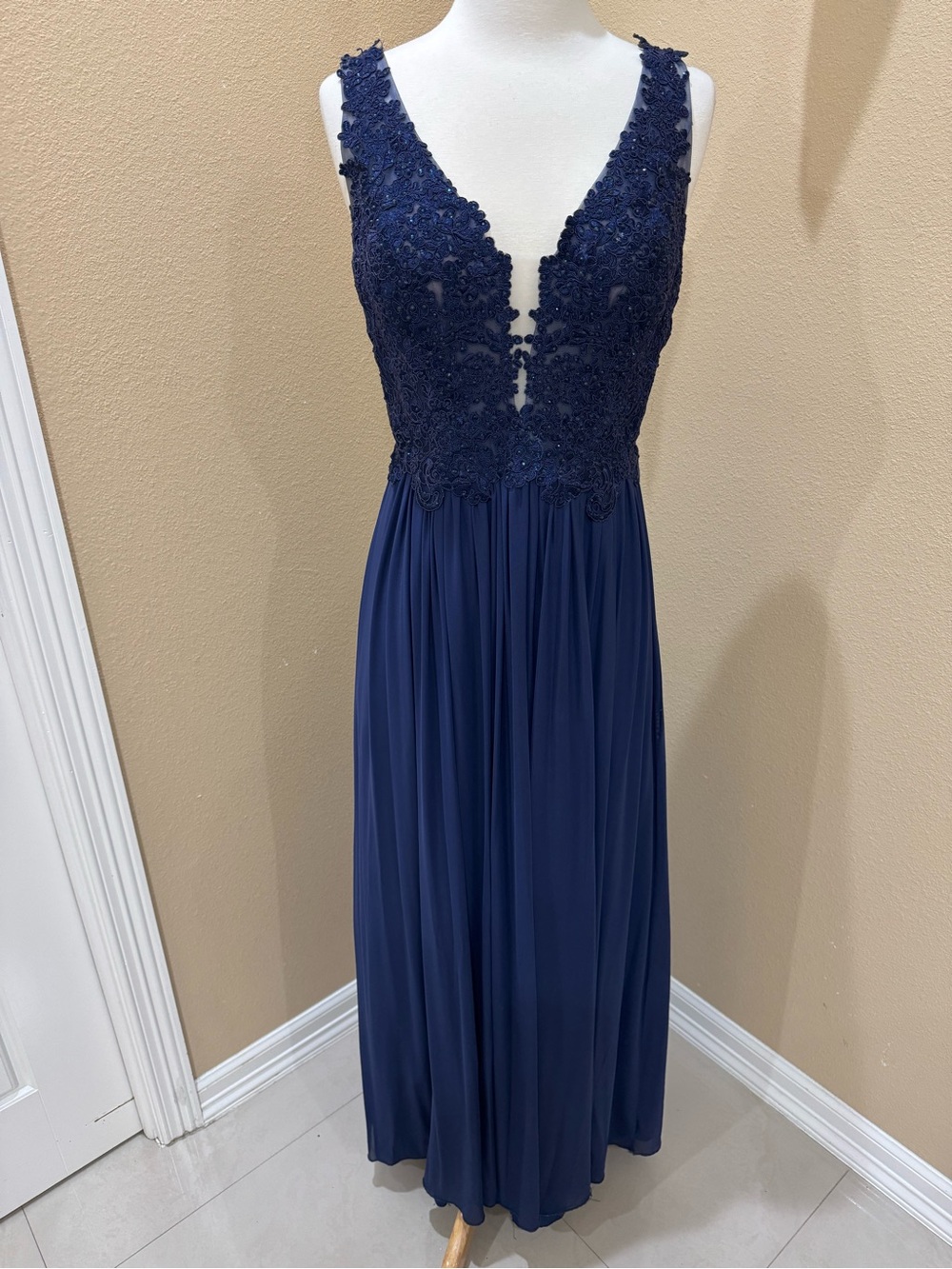 Sherri Hill Navy Blue Lace Bodice V-Neck A-Line Wedding Dress